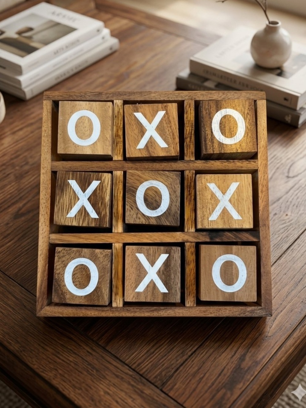 Classic Wood Decorative Farmhouse Tic-Tac-Toe Game with White X/O